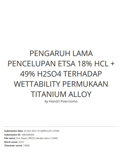 Pengaruh Lama Pencelupan Etsa (18% HCL dan 49%) H2SO4 Terhadap Wettability Permukaan Titanium Alloy