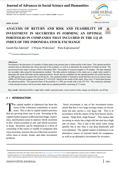 Analysis of Return And Risk And Feasibility Of Investment In Securities In Forming An Optimal Portfolio In Companies That Included In The Lq 45 Index of The Indonesia Stock Exchange