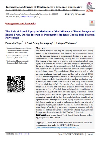 The Role of Brand Equity in Mediation of the Influence of Brand Image and Brand Trust, On the Interest of Prospective Students Choose Bali Tourism Polytechnic