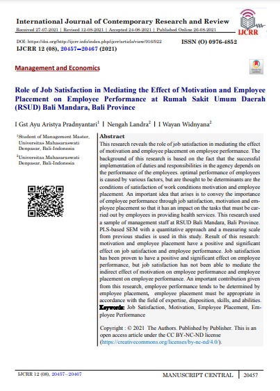 Role of Job Satisfaction in Mediating the Effect of Motivation and Employee Placement on Employee Performance at Rumah Sakit Umum Daerah (RSUD) Bali Mandara, Bali Province