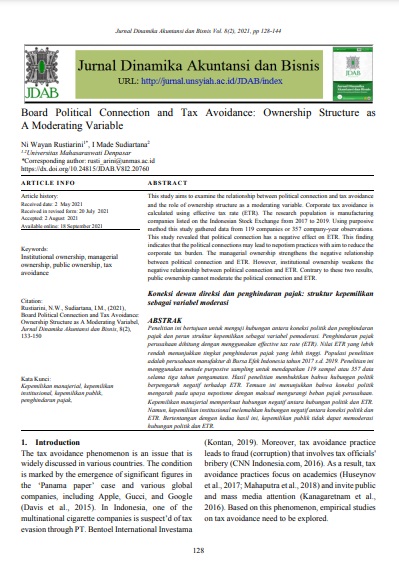 Board Political Connection and Tax Avoidance: Ownership Structure as A Moderating Variable