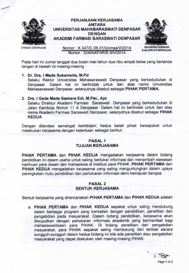 Perjanjian Kerjasama Antara Universitas Mahasaraswati Denpasar Dengan Akademi Farmasi Saraswati Denpasar