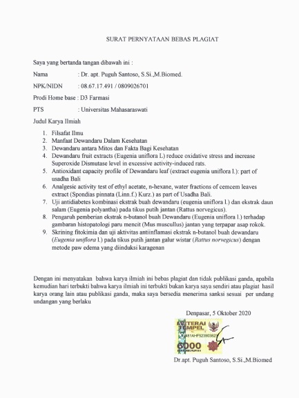 Surat Pernyataan Bebas Plagiat Dr. apt. Puguh Santoso, S.Si., M.Biomed.
