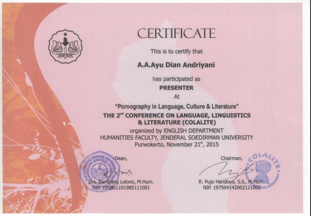 Certificate A.A. Ayu Dian Adriyani at Pornography in Language, Culture and Literature