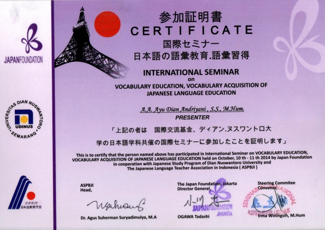 Certificate International Seminar on Vocabulary Education, Vocabulary Acquisition of Japanese Language Education to A.A. Ayu Dian Andriyani